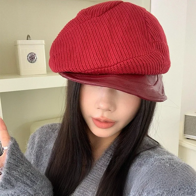 

Japanese Temperament Knitted Leather Brim Octagonal Newsboy Cap Autumn and Winter Large Version Irregular Pleated Women Beret