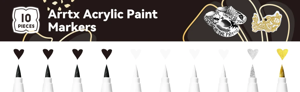 Arrtx Acryl-Farbstifte, 10er-Pack (4 Schwarz, 4 Weiß, 1 Golden, 1 Silber), Pinselspitzen-Farbmarker, geeignet für die meisten Oberflächen – Detail 3