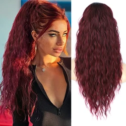 Kadınlar için uzun kıvırcık dalgalı at kuyruğu saç uzatma doğal sentetik İpli at kuyruğu Hairpieces bordo sarışın sahte midilli kuyruk