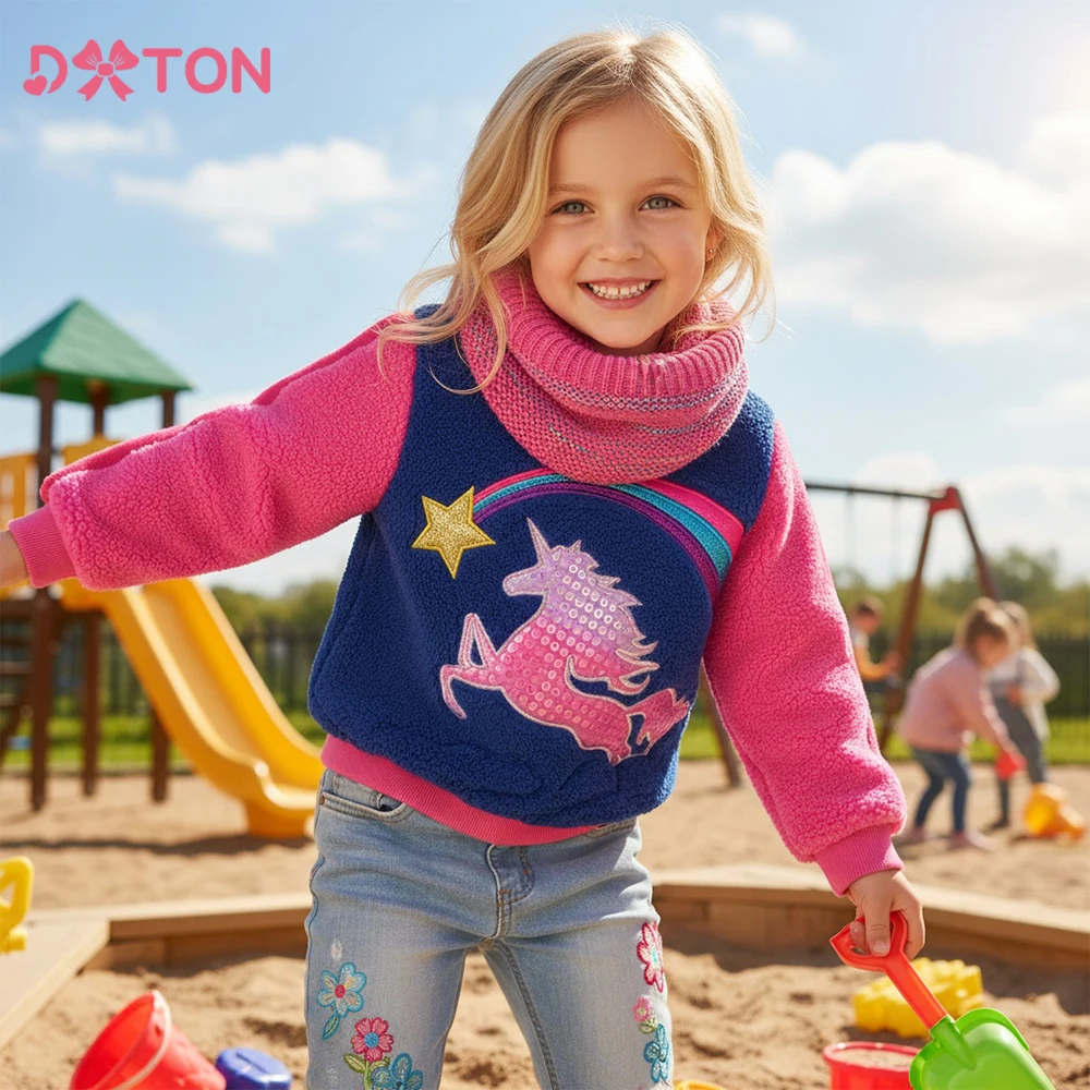 

DXTON Winter Kids Sweatshirts Polar Fleece Pullover Children Girls Tops Rainbow Unicorn Applique Warm Toddler Outerwear Clothing
