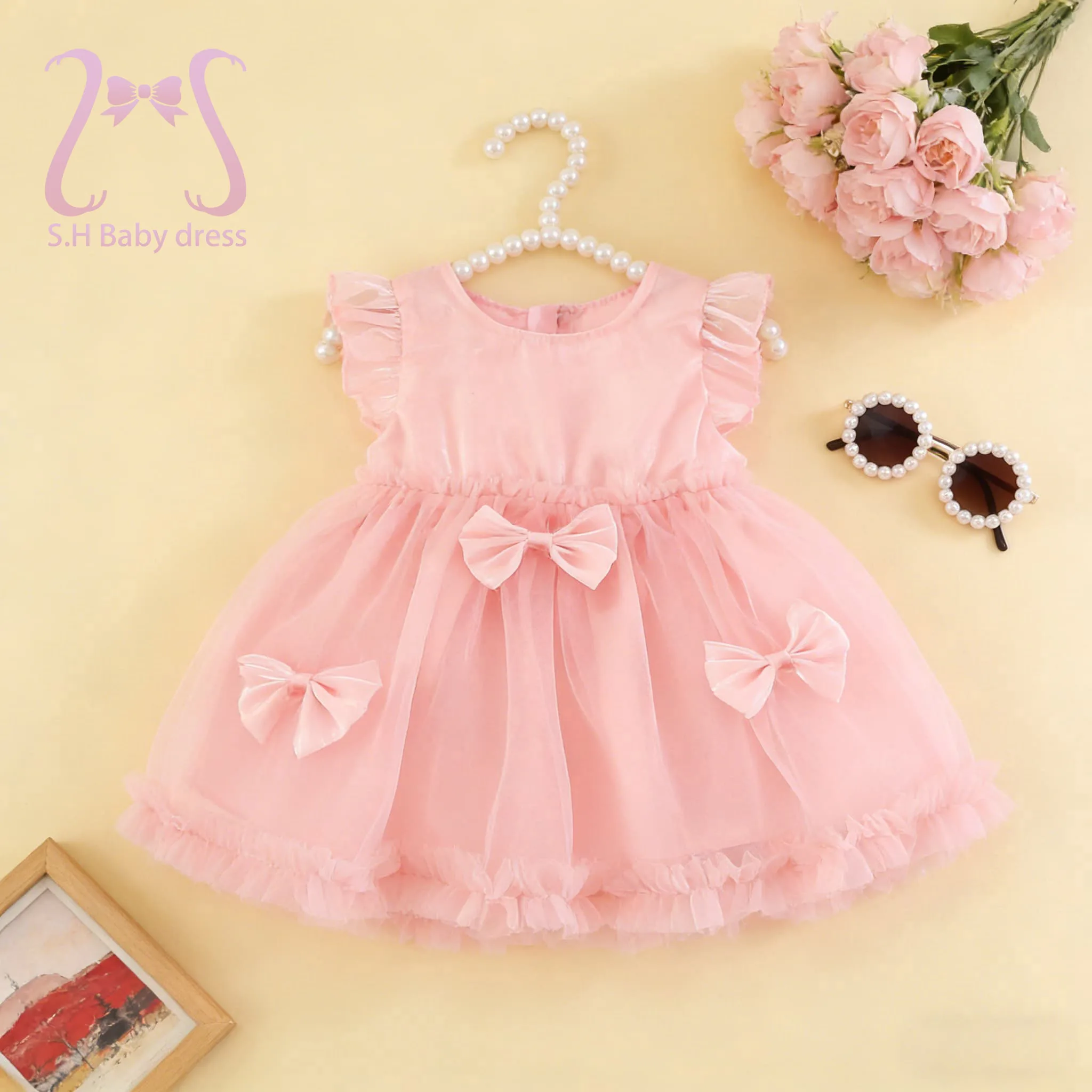 Summer Baby Girl Sleeveless Solid Color Dress Sweet Newborn Dress With bow Birthday Party Dresses  Children's Fashion Clothing