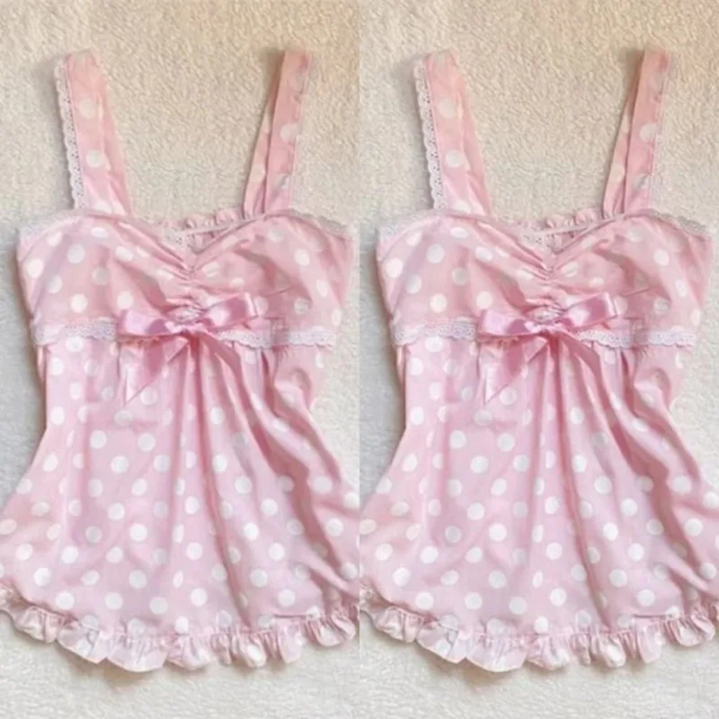 

Y2K Polka Dot Lace Tops&Tees Camisole Women Y2K Aesthetic Sweet Vintage Strappy Crop Coats Cute Harajuku Grunge Summer Vest New