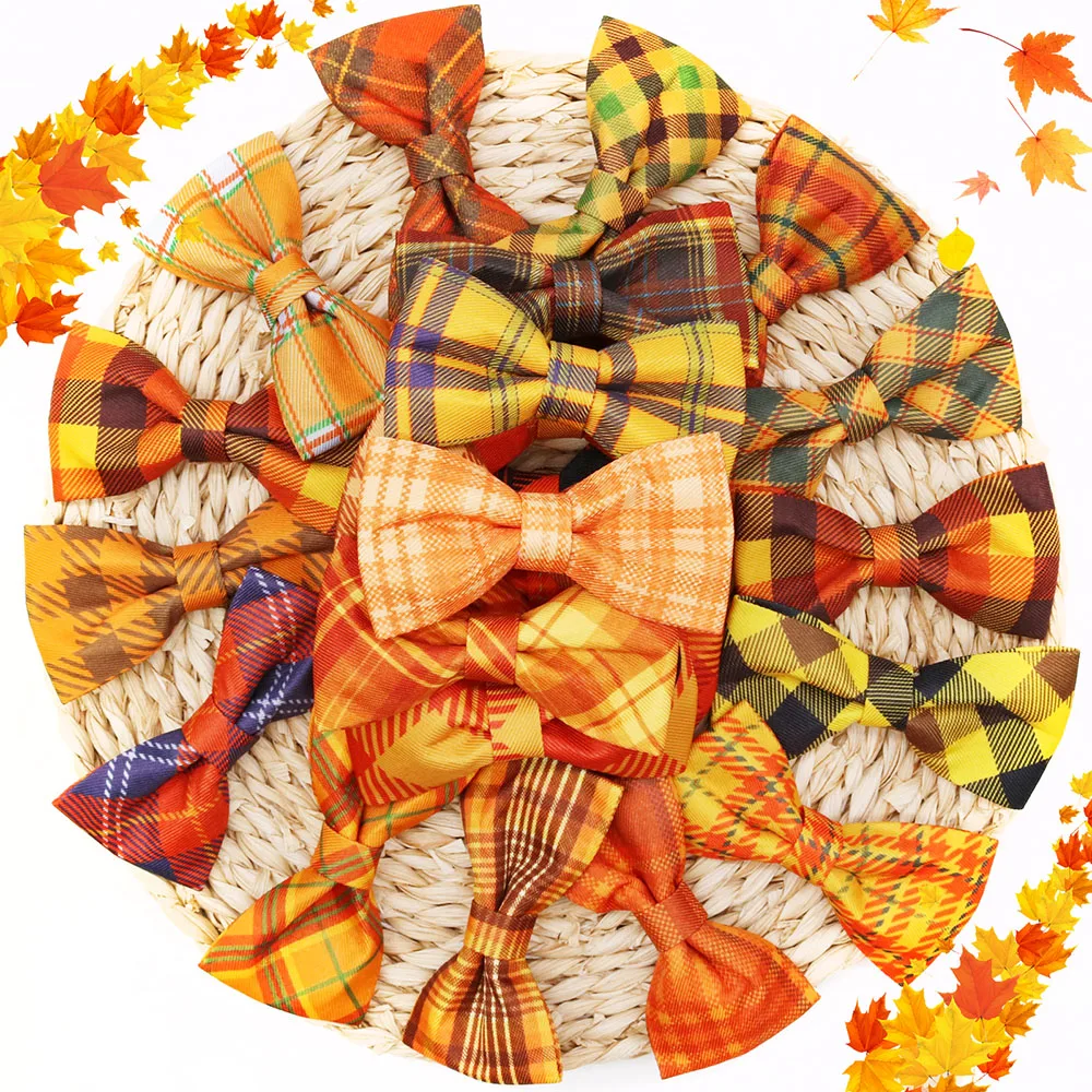 

20/40PCS Fall Dog Bowties With Elastic Bands Movable Pet Collars Neckties For Dogs Classical Plaid Pet Grooming Accessories Bulk