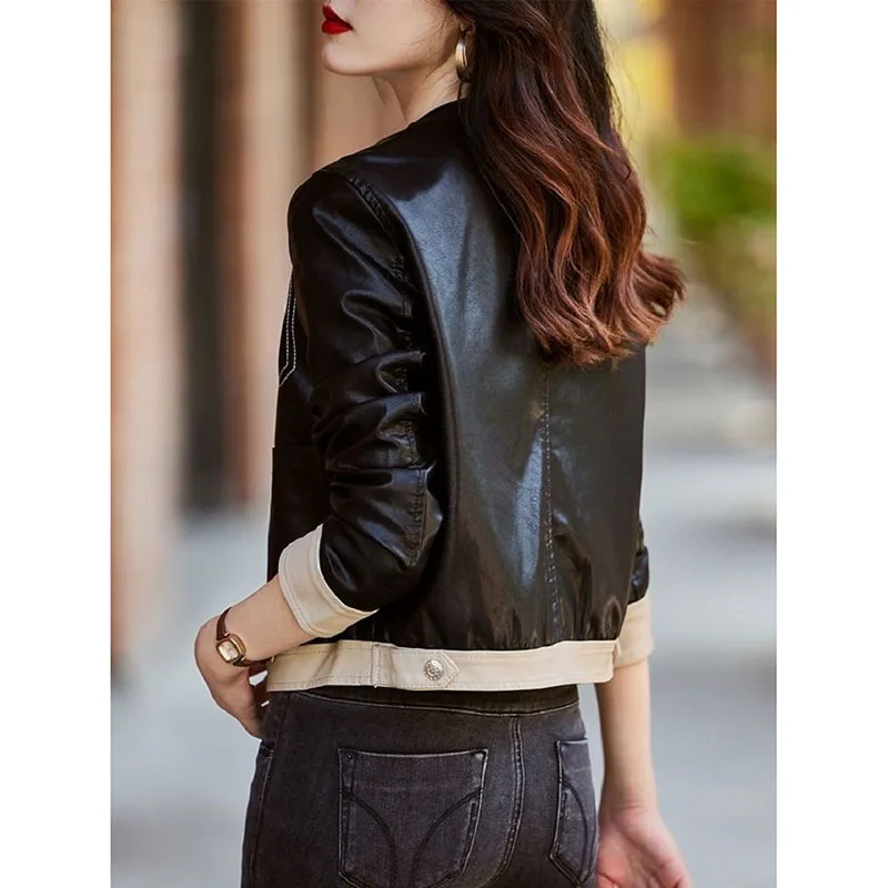 2024 Spring Autumn New Color Matching Round Neck Ladies Leather Jacket Spring Leather Jacket Loose Joker Temperament Short Coat