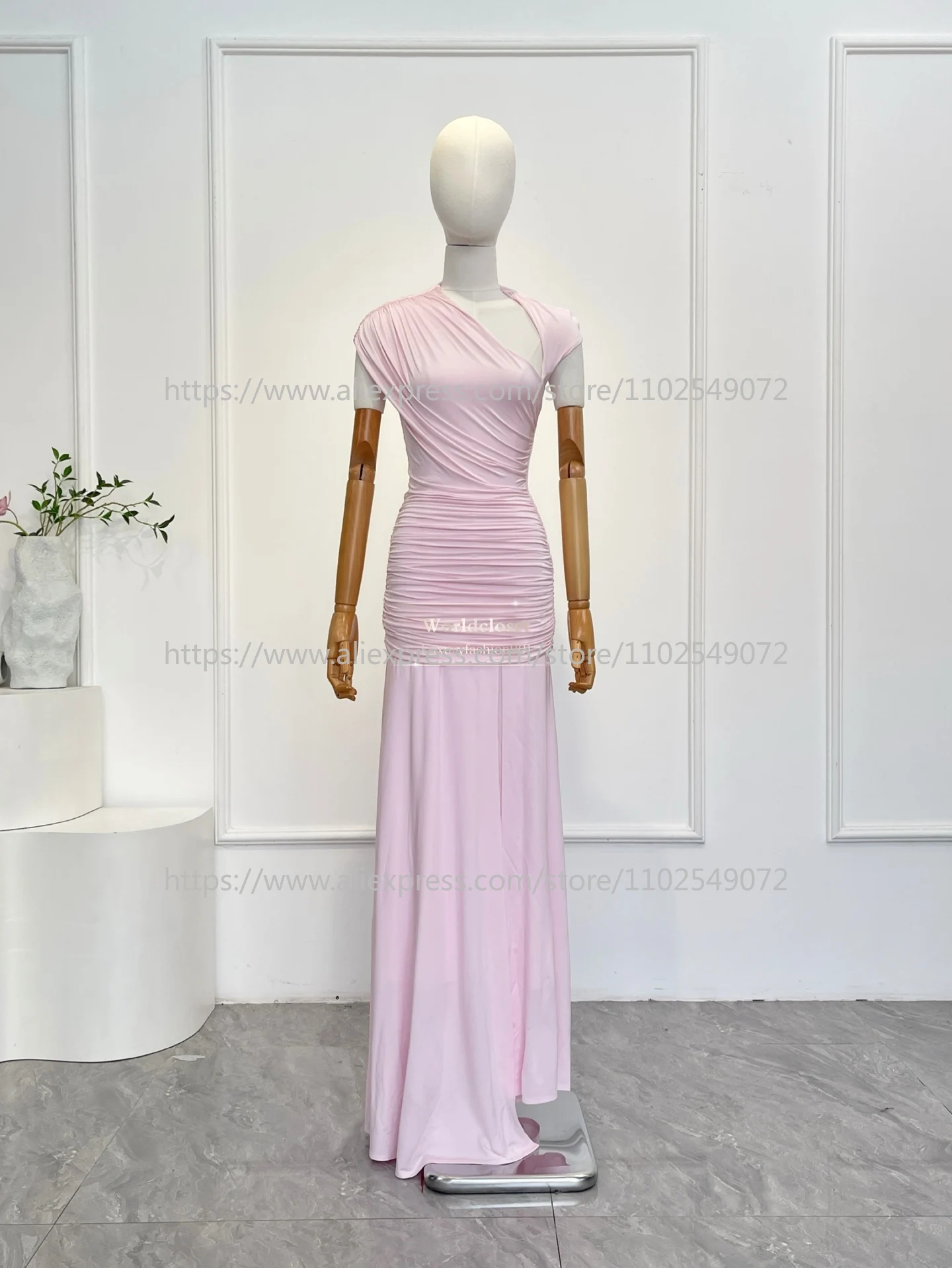 

2026 Top Quality Pink Pleats Spring Summer Party Asymmetric Ruched Slit Sleeveless Women Maxi Dress
