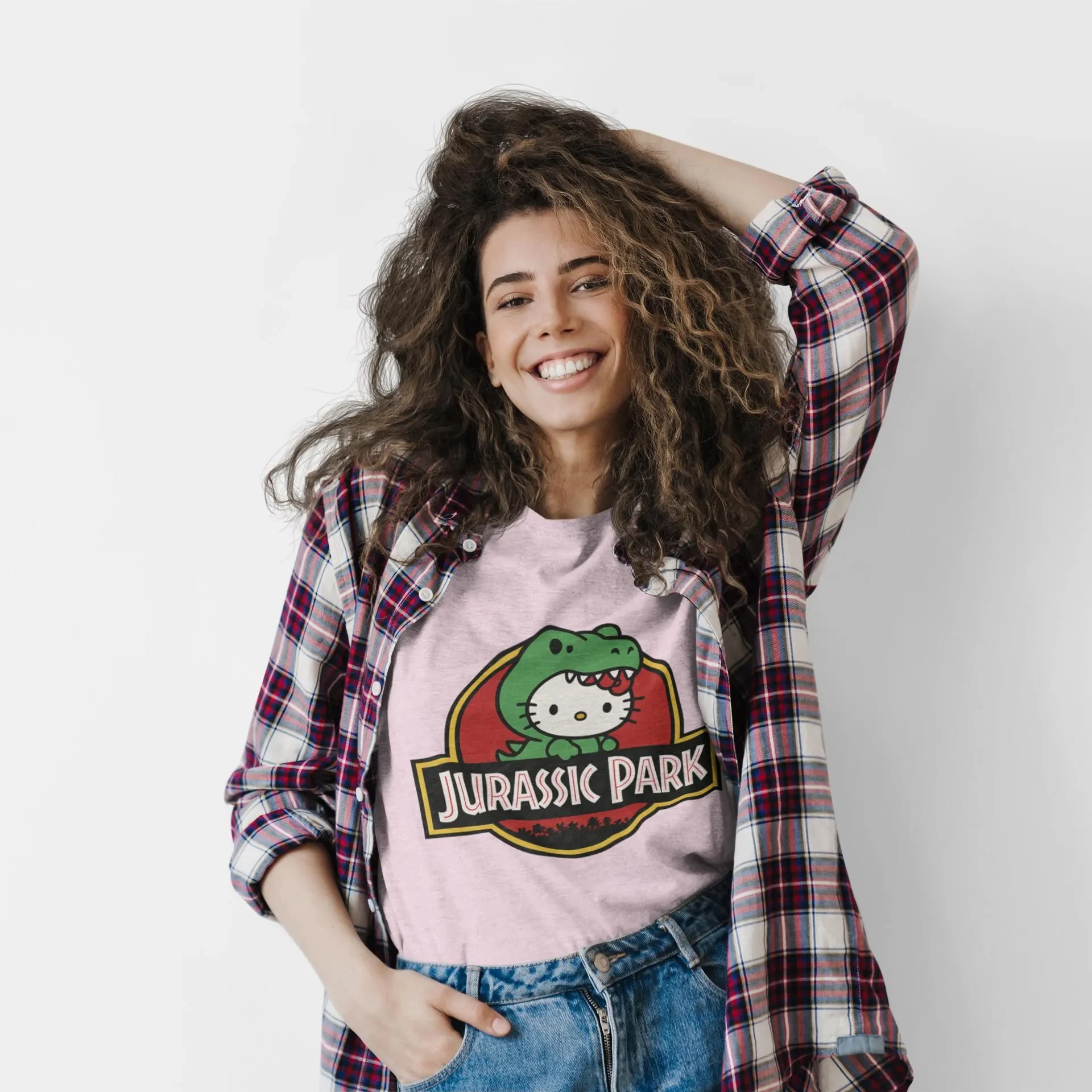 Hello Kitty Jurassic Park T-Shirt Kawaii Dinosaur Mashup Tee Cute Pink Graphic Shirt Unisex Tee Funny Movie Crossover Gift