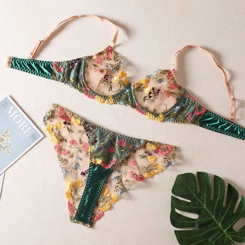 

Sexy Countryside Style Embroidered Exotic Apparel Suit Women's Floral Patchwork Color Steel Ring Bra Panty Perspective Intimates