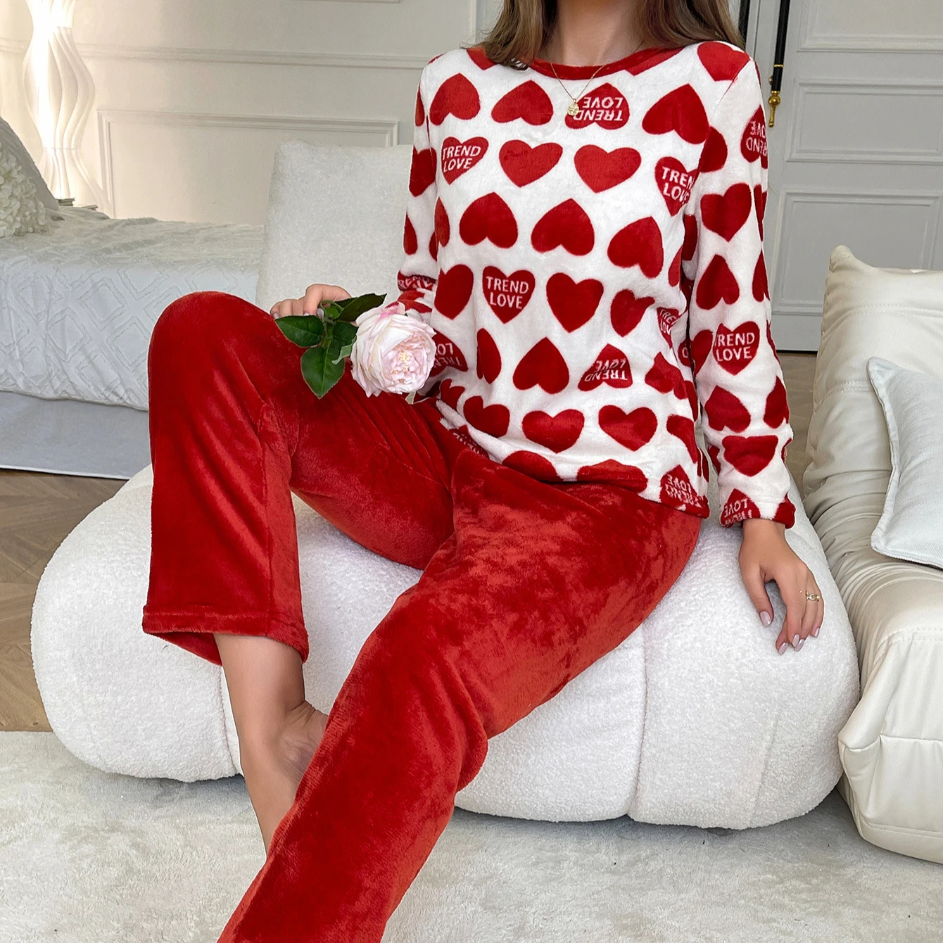 Autumn Winter Warm Thicken Pajamas Red Heart Pajamas Sets for Women Long Sleepwear Girl Rest Suits Coral Fleece Homewear Clothes