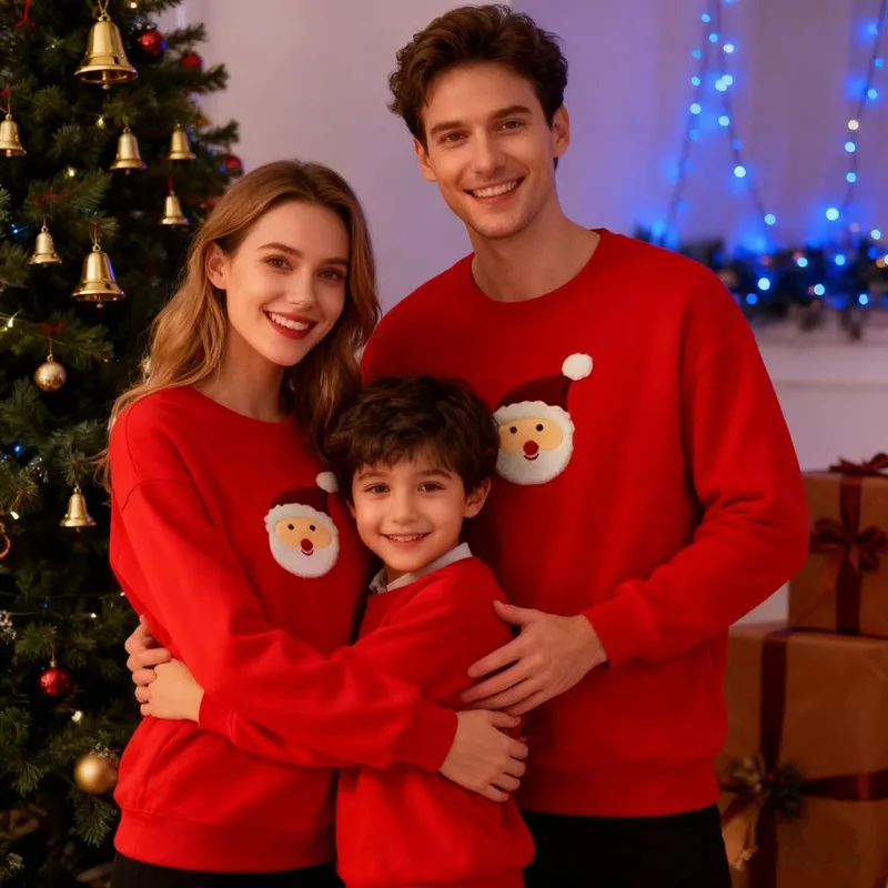 Christmas Family Matching Sweatshirts 2025 New Year Mom Dad And Son Daughter Red Winter Tops Children Santa Claus Face Clothes