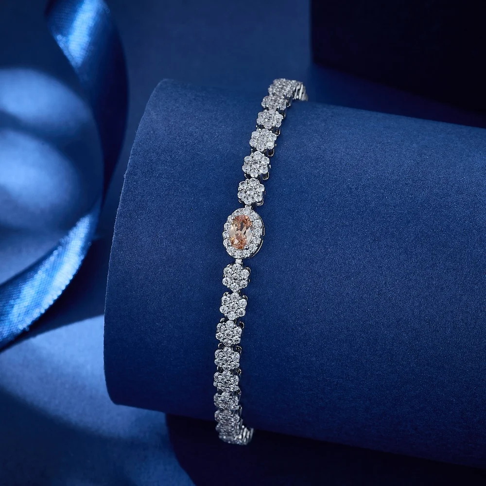 

Orange Oval Main Stone Tennis Bracelet Floral White Zircon Copper Rhodium Plated Gift Luxury Woman Bracelets