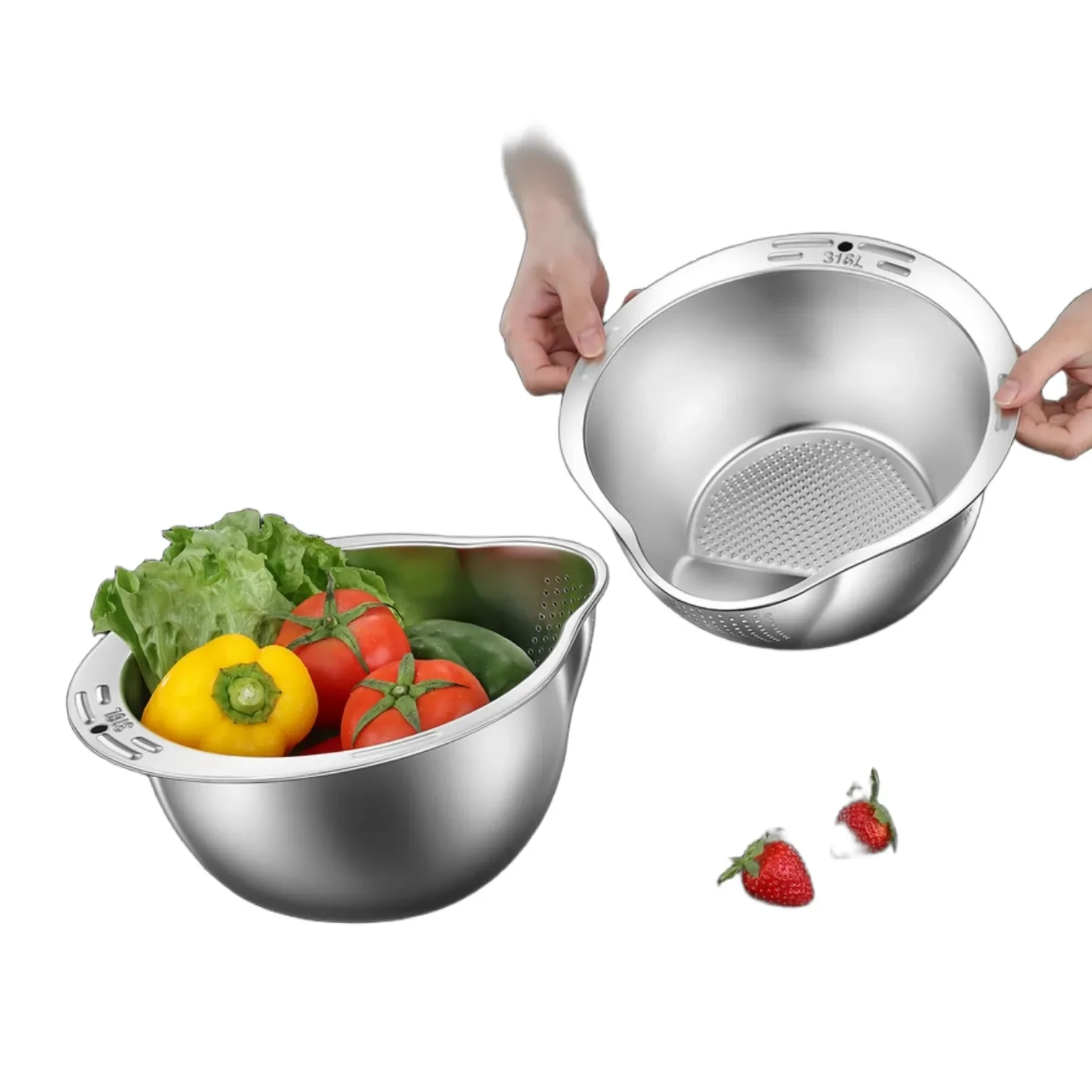 Certification Pure 316 Stainless Steel Kitchen Washing Basin 99.9% Anti-bacterial Vegetable Fruit Washer with Strainer