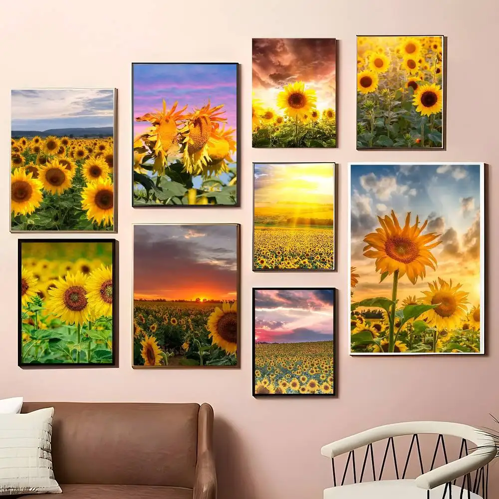 Retro Sunflower Field Posters Living Room Bar Cafe Quality Canvas Vintage Style Comics Painting Art Home Wall Decor Picture