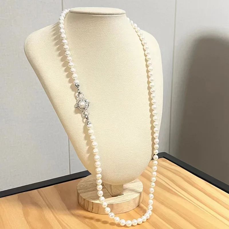 N Time Comes and Goes Pearl Sweater Chain 8-9MM Natural Freshwater Pearl Nearly Round Medium and Long Pearl Necklace