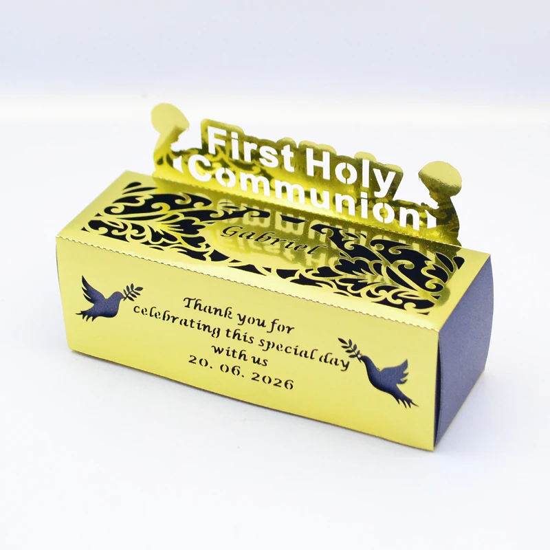 

50PCS New Design Gold Pink Blue White First Premiere Communion Decorations Baptism Boy Girl Pray Rectangle Candy Favor Box