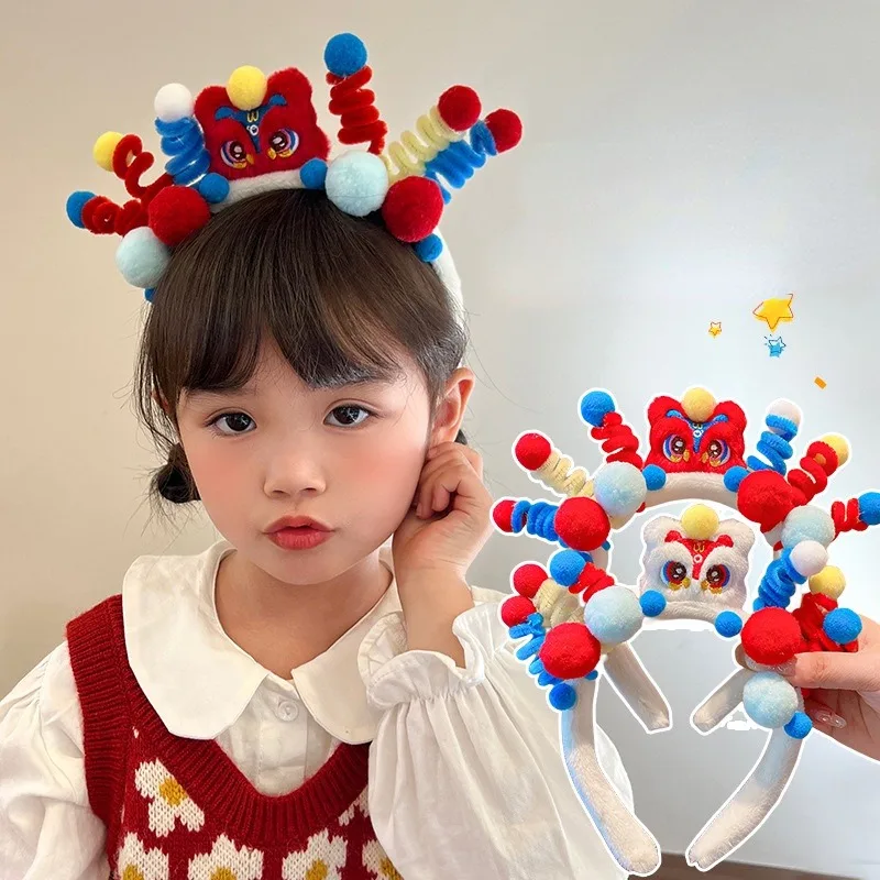 

Cute Awakening Lion Twist Stick Red Headband Girl 2024 New Year Funny Wash Face Mask Plush Headband Hair Accessories for Women