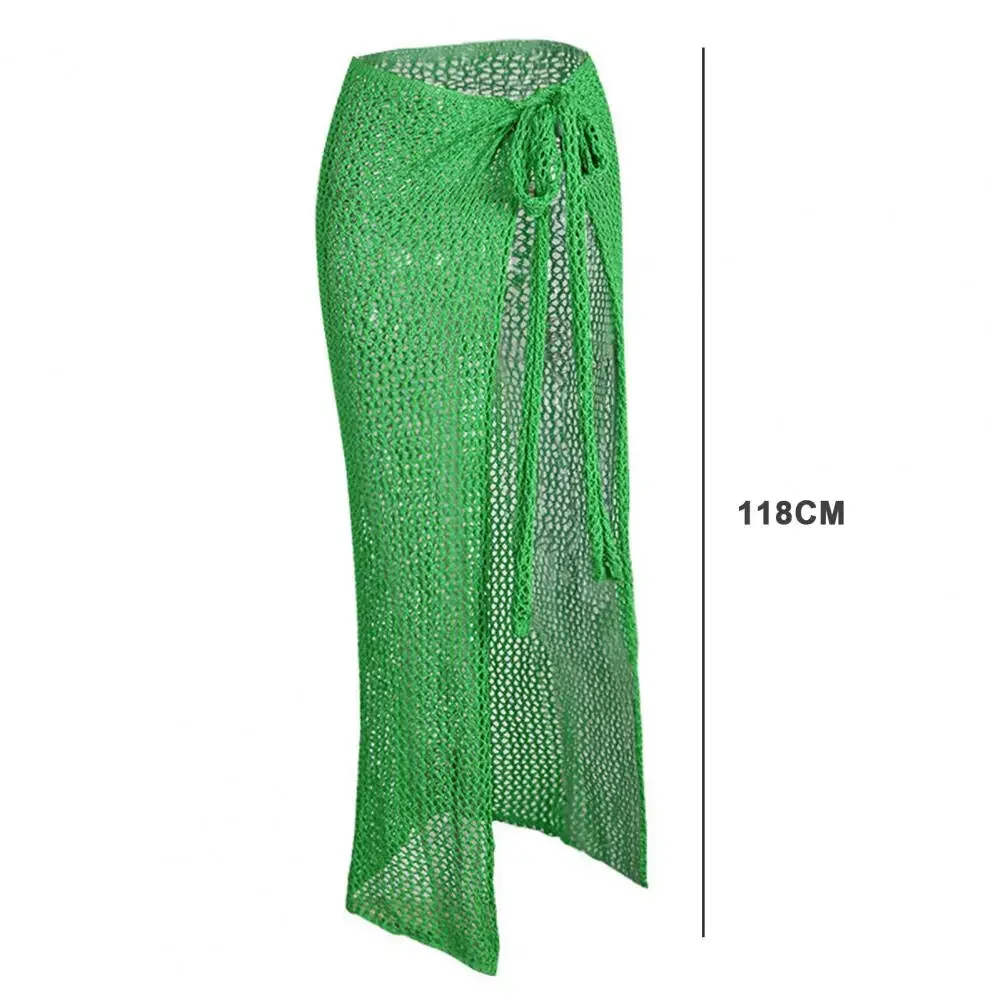 Verão feminino biquíni saia fishnet oco para fora transparente cor sólida rendas até senhora maxi saia elástica cintura alta saia de malha