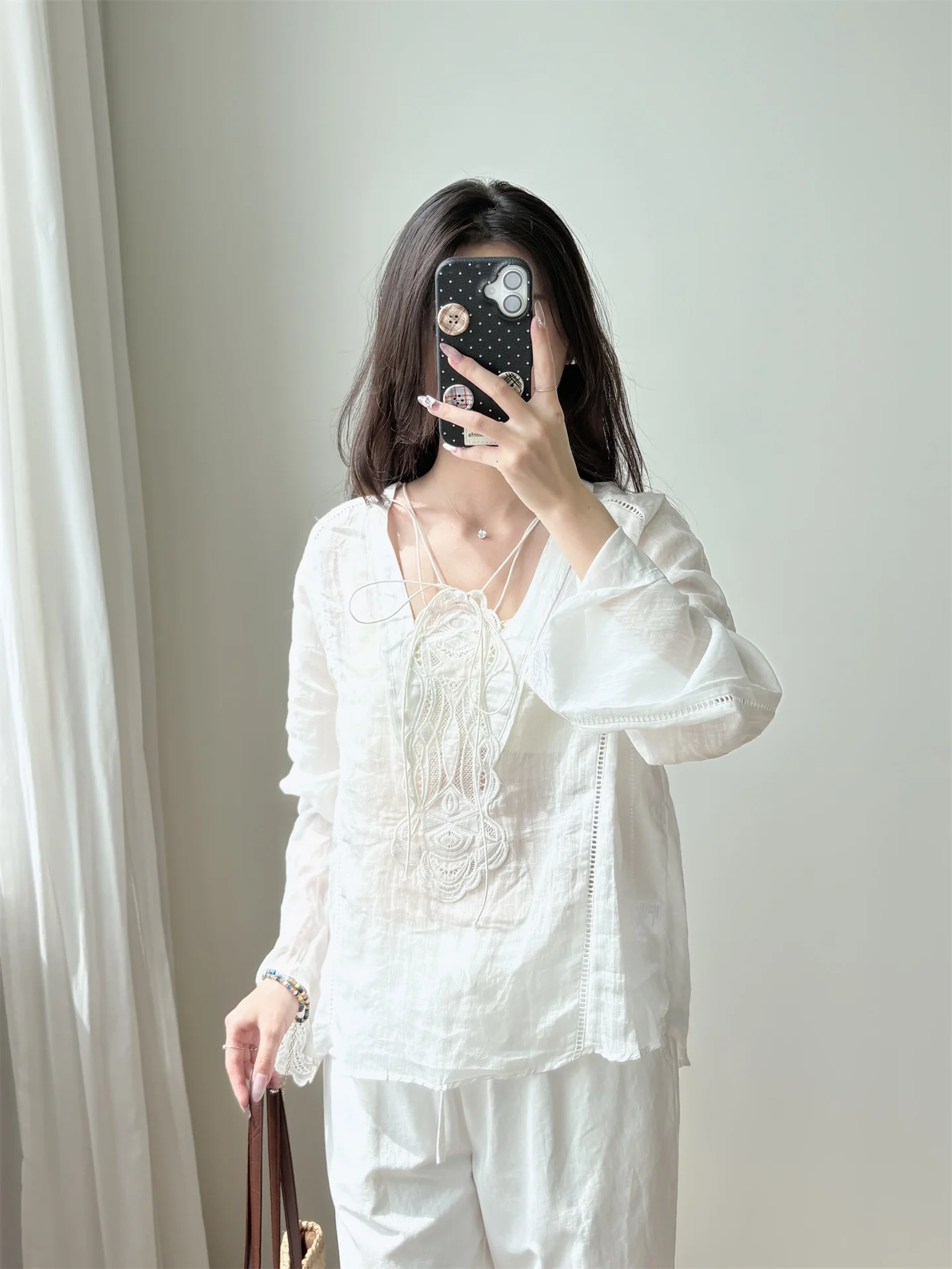 Laid-ba Vaion Sle Long Sve 刺繍入りリネン中空ベルト付きirt レディーストップス カジュアル ルーズフィット レギュラー丈