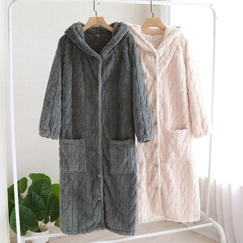 

Autumn Winter Flannel Women Sleepwear Robe Warm Thick Warm Coral Fleece Nightwear Nightgown Loose Casual Home Dressing Gown