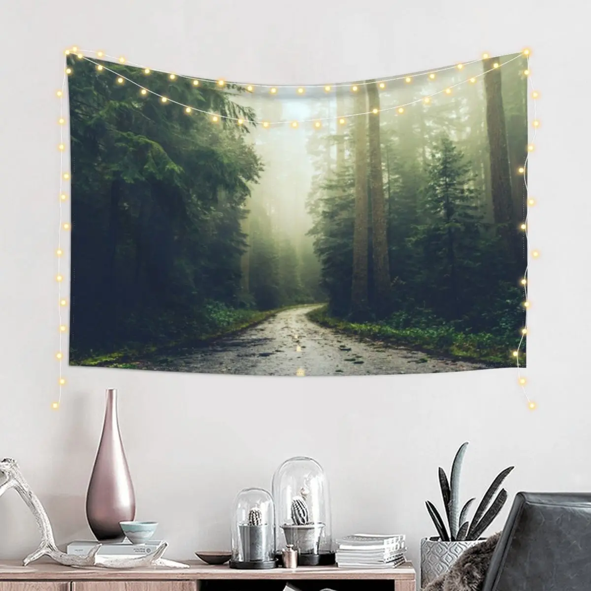 Green Forest Fog Road Wanderlust - California Redwoods Road Trip Tapestry Room Decor Aesthetic Wall Decorations Tapestry