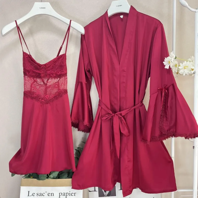 Summer Lady 2PCS Robe Set Bride Sleepwear Sexy Lace Hollow Out Bathrobe Nightgown Women Satin Home Dressing Gown Loungewear