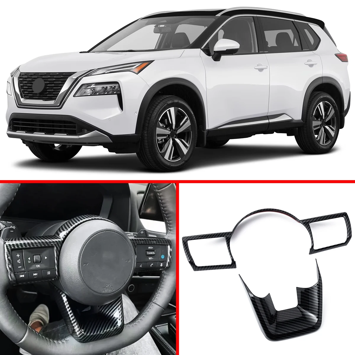 

Carbon Fiber Look Car Interior Steering Wheel Trim Decoration For 2023-2026 Nissan Rogue X-Trail T33 Qashqai J12