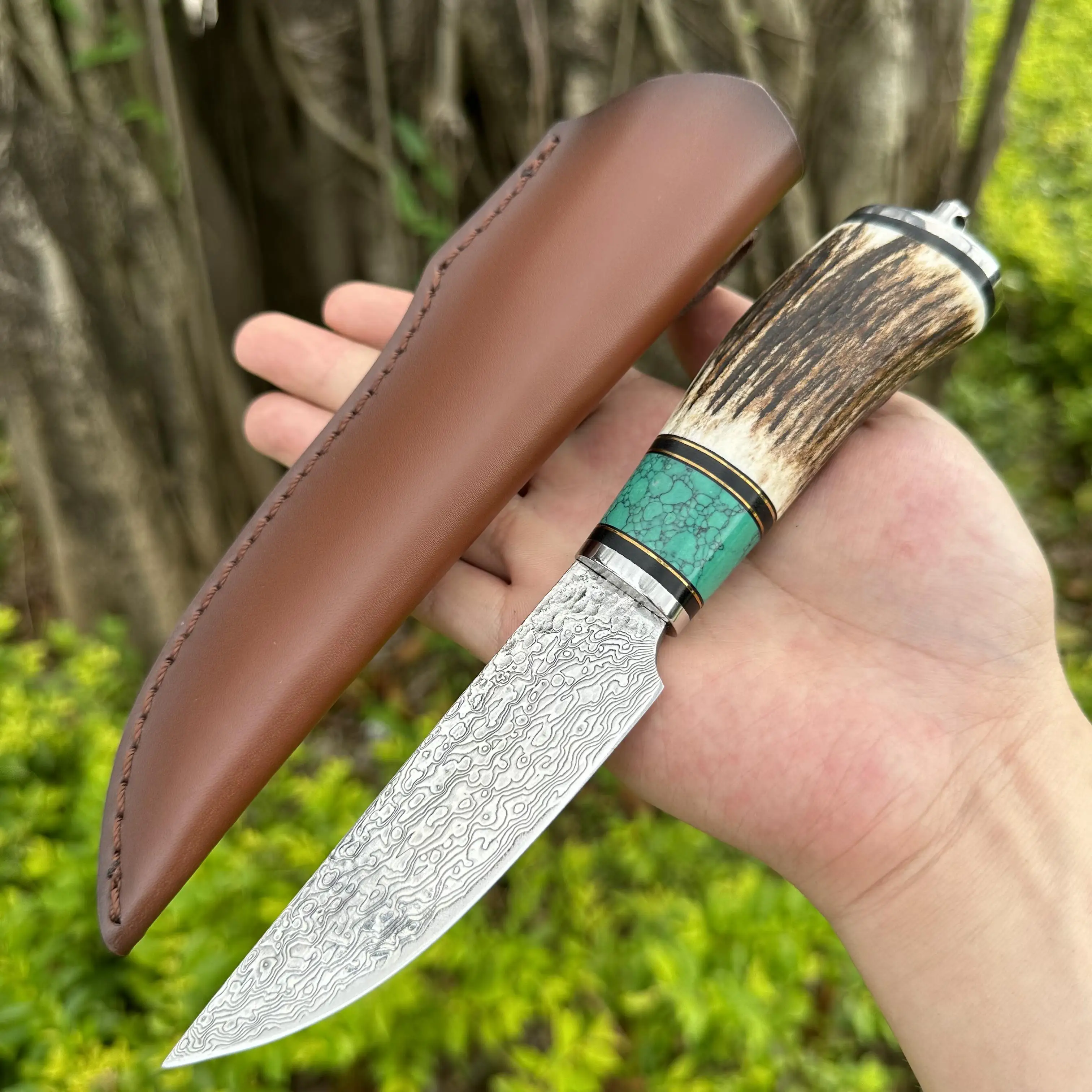 Topwell Handmade Knife Premiun VG10 Damascus Blade  Antlers&Agate Handle Super Sharp With Real Leather Sheath Hunting Collection