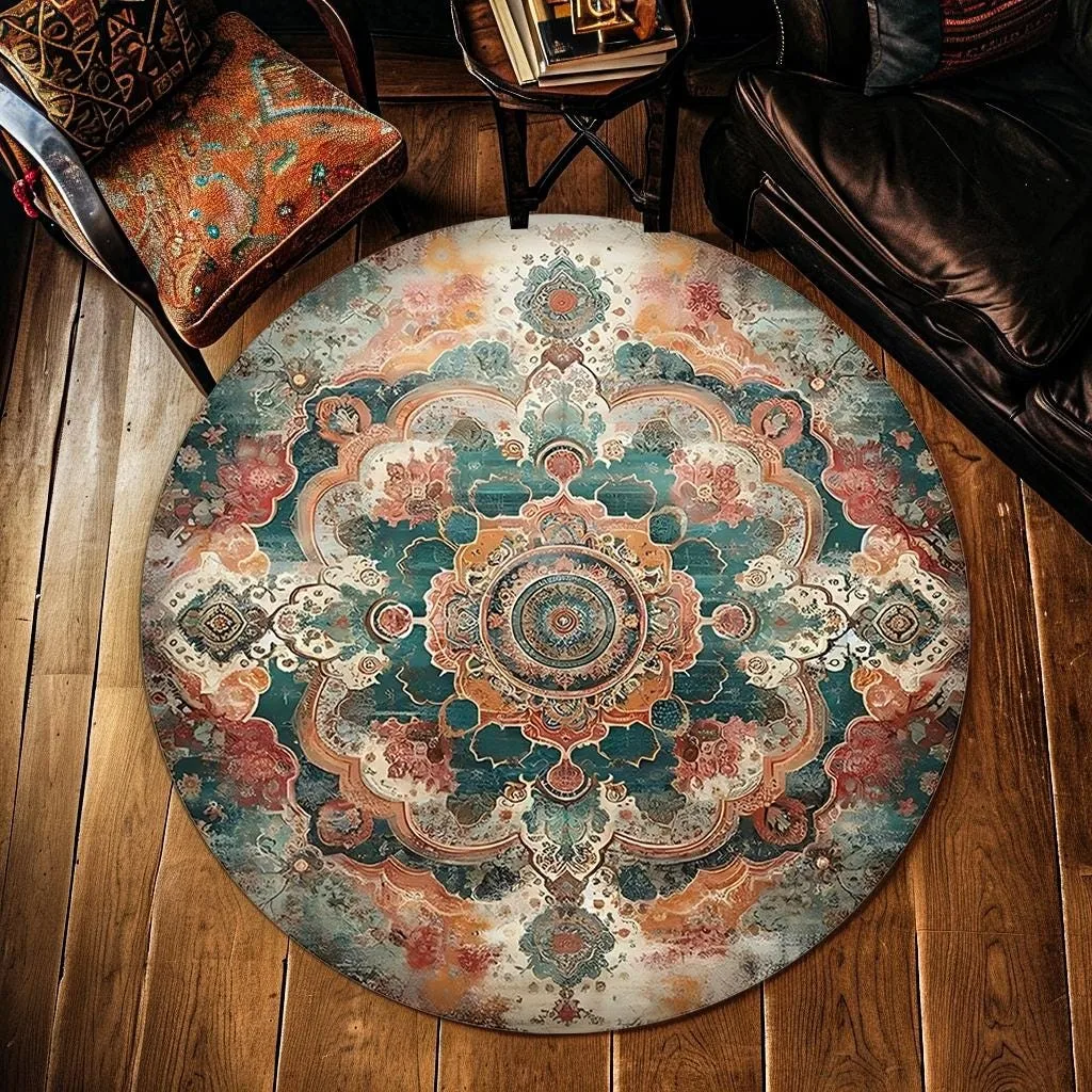Colorful Distressed Round Area Rug Vibrant Folk Floral Circle Carpet Non Slip Washable Aesthetic Bedroom Playroom Decor