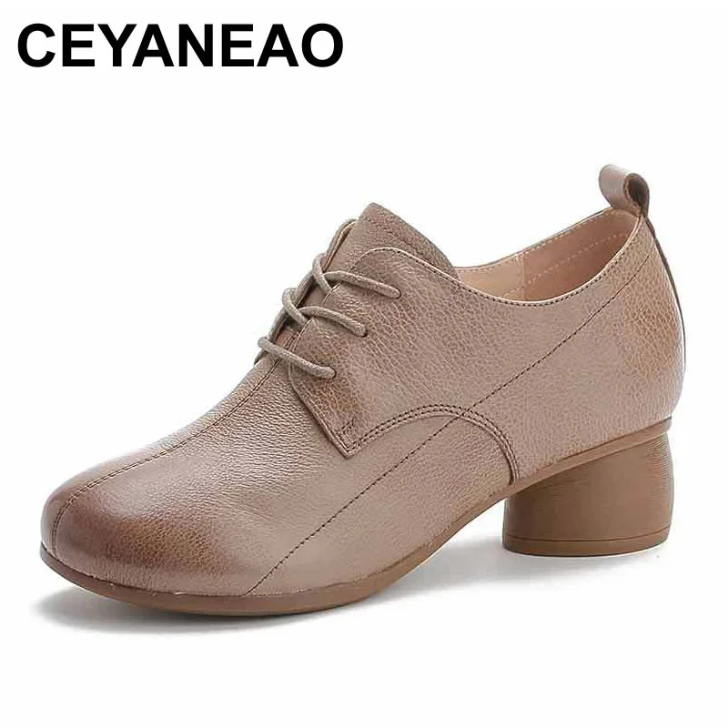 

CEYANEAO Spring Vintage Style Leather Shoes Women Square High Heel Shoes Woman Lace-Up Genuine Leather Pumps Shoes for Women