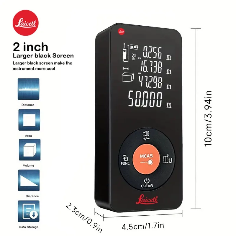 جهاز قياس المسافة بالليزر Laicetl مع شاشة عرض للجسم - قابل لإعادة الشحن عبر USB، قياس سريع، أداة قياس داخلية، تصميم أداة حديثة