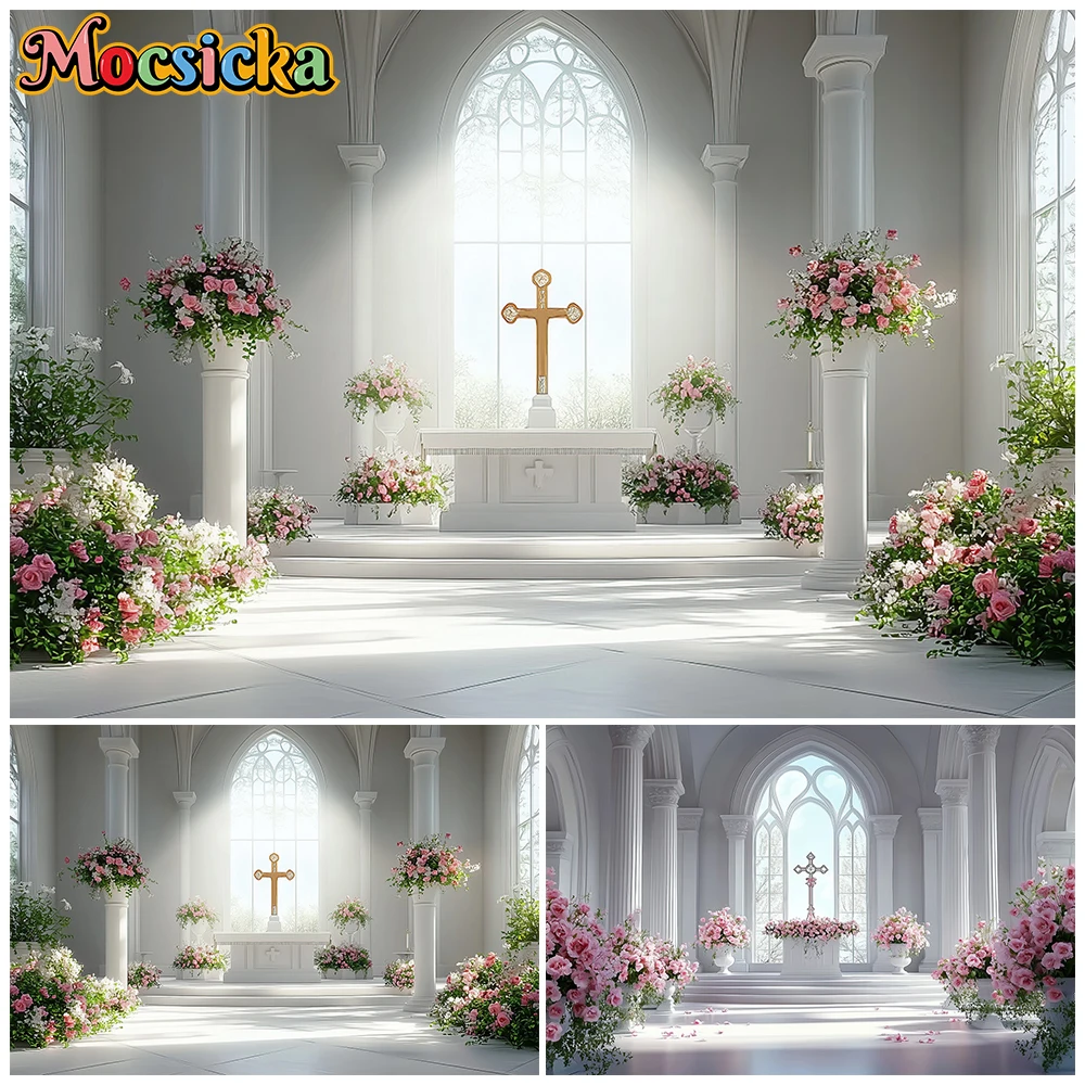 

Mocsicka Photography Background Wedding Party Baptism Prayer Studio Banner White Church Cross Flowers Decor Child Photo Backdrop