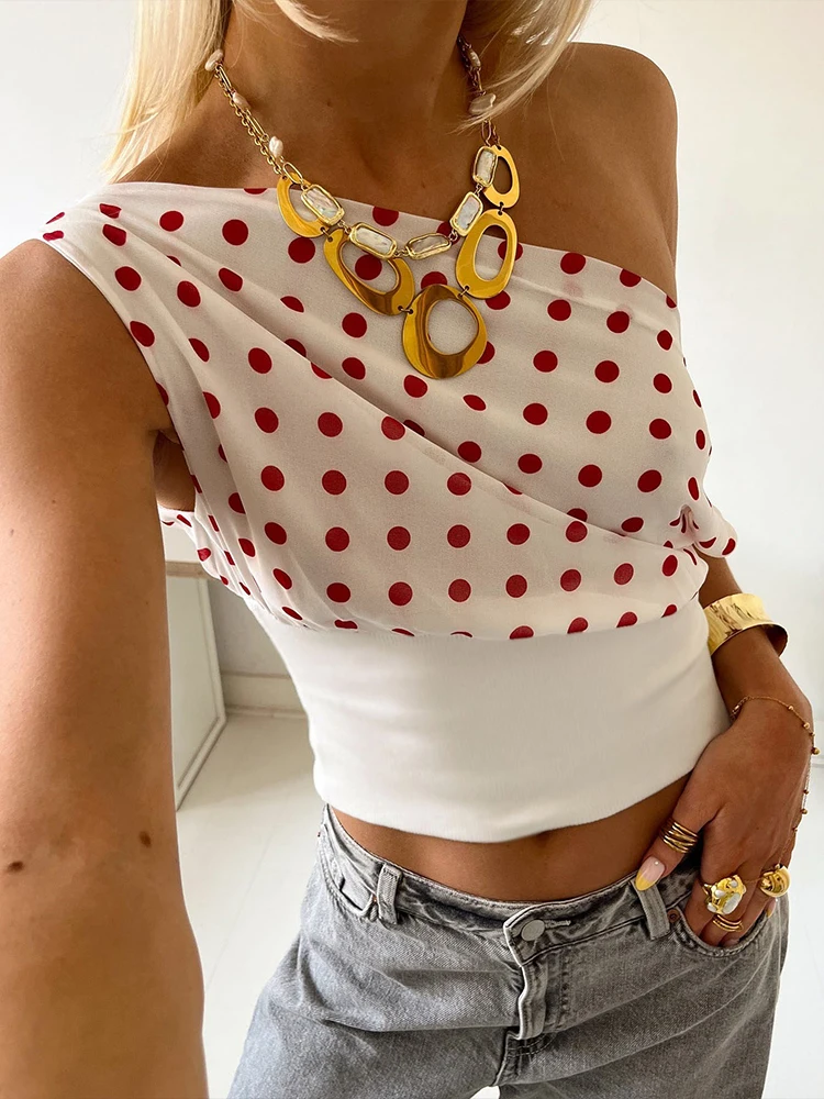Polka Dots Print T-Shirts Women Summer Trend Skew Collar Off Shoulder Backless Street Fashion Trend Ruched Crop Tops
