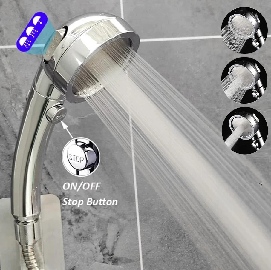 

Large Flow High Pressure Shower Head Silver 3 Modes Eco Water Saving Spray Nozzle Massage Rainfall Pressurized Bathroom Shower