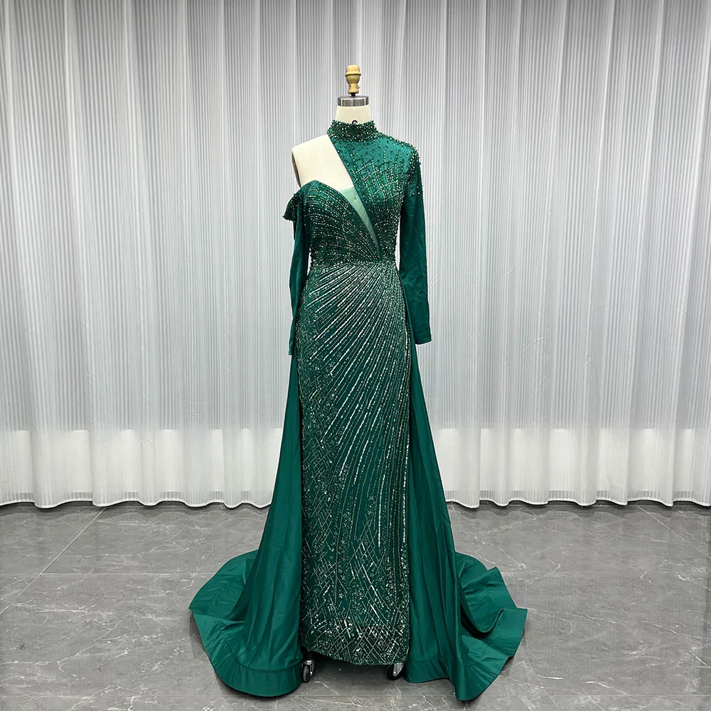 YQLNNE Arabic Green Long Sleeve Evening Dress Unique High Neck Satin Beaded Formal Mermaid Gowns In Stock