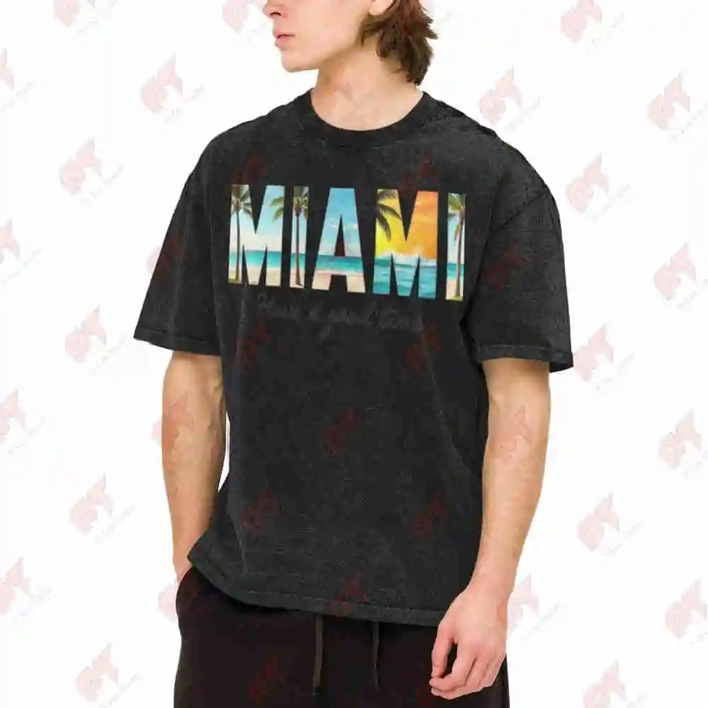 Miami Palm Tree Have A Good Time Vintage Washed Tee Pure Cotton T-Shirt
