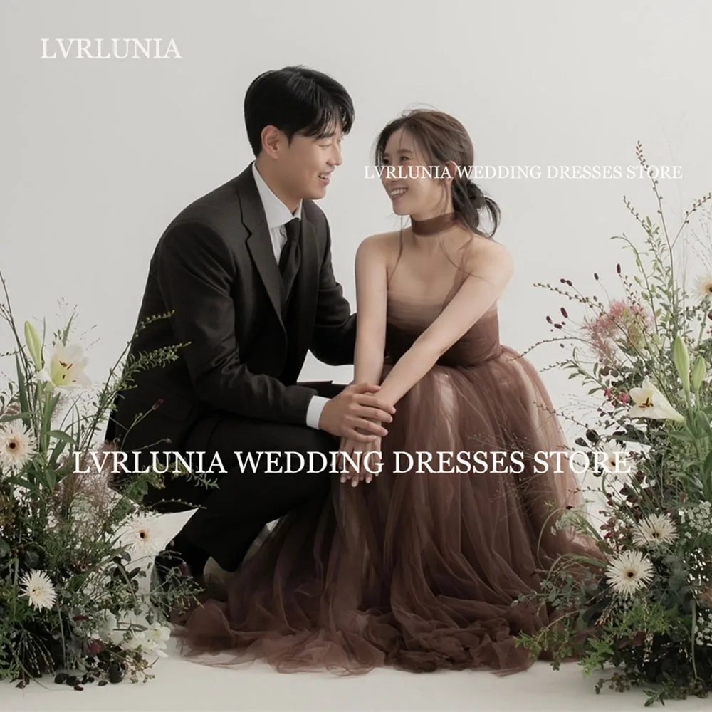 

LVRLUNIA Fairy Tulle Long Evening Dress Coffee Korea Wedding Photo Shoot Dress Strapless Bridal Party Dress Corset Customized