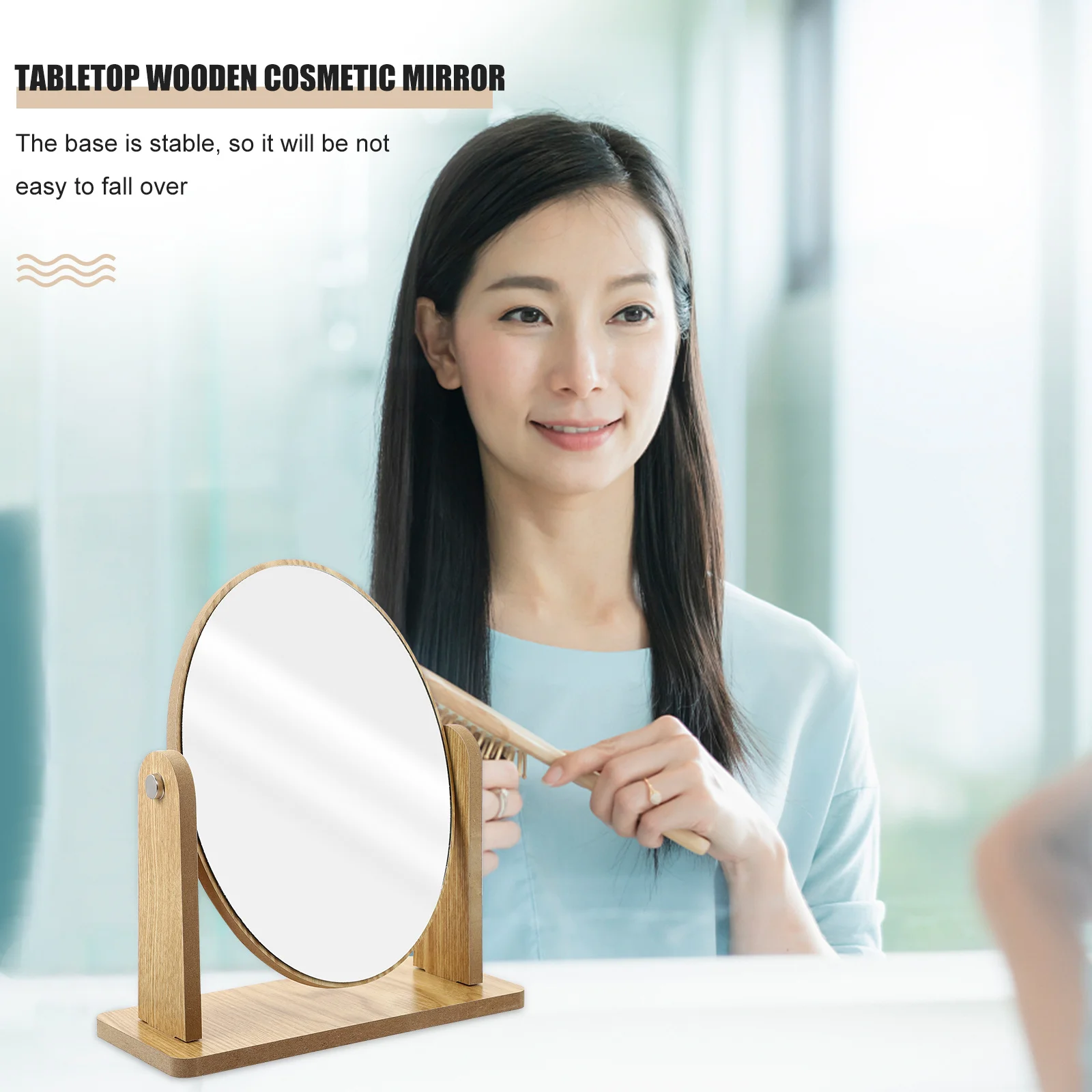 Wooden Swivel Tabletop Vanity For Bathroom Bedroom Dresser, Oval Desk Mirror For Women, Wood Makeup Mirror, Tabletop Wood