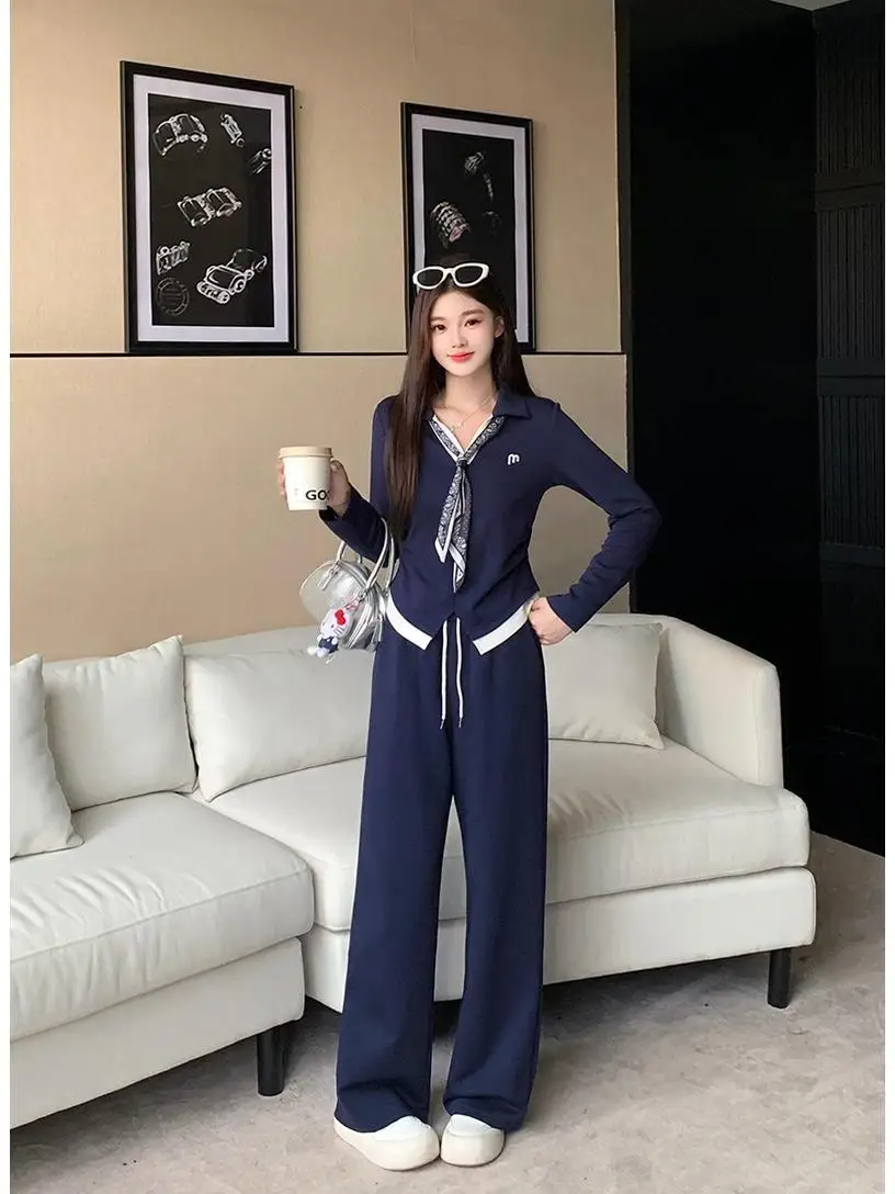 Plus size faionable conjunto de duas peças feminino outono v-ne fita de seda calças de perna larga roupa coreano sle solto ajuste longo sve