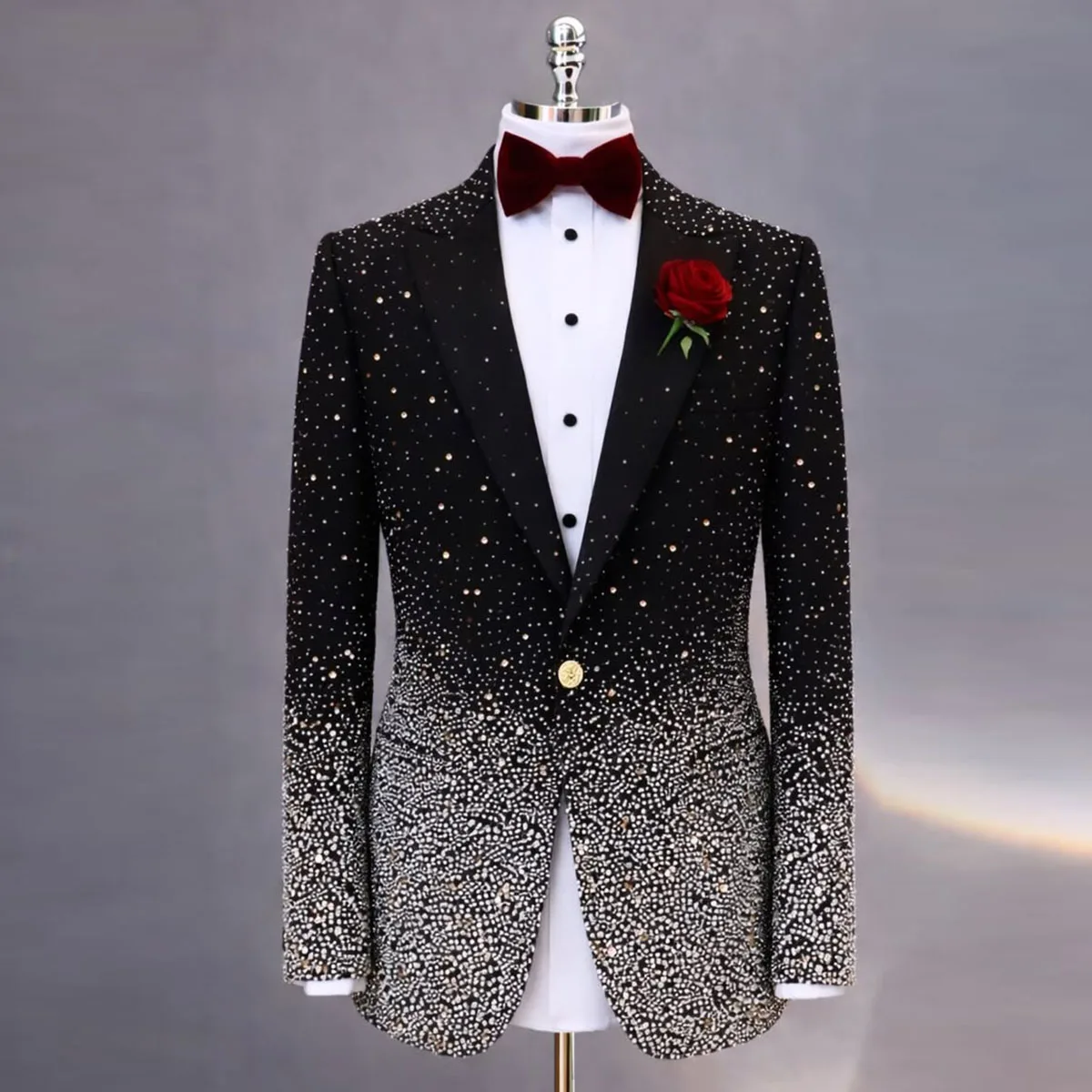 Handsome Rhinestone Diamond Men Suit 2 Piece Sets Slim Fit Groom Tuxedos Male Blazers Birthday Wedding Ropa Hombre Customized