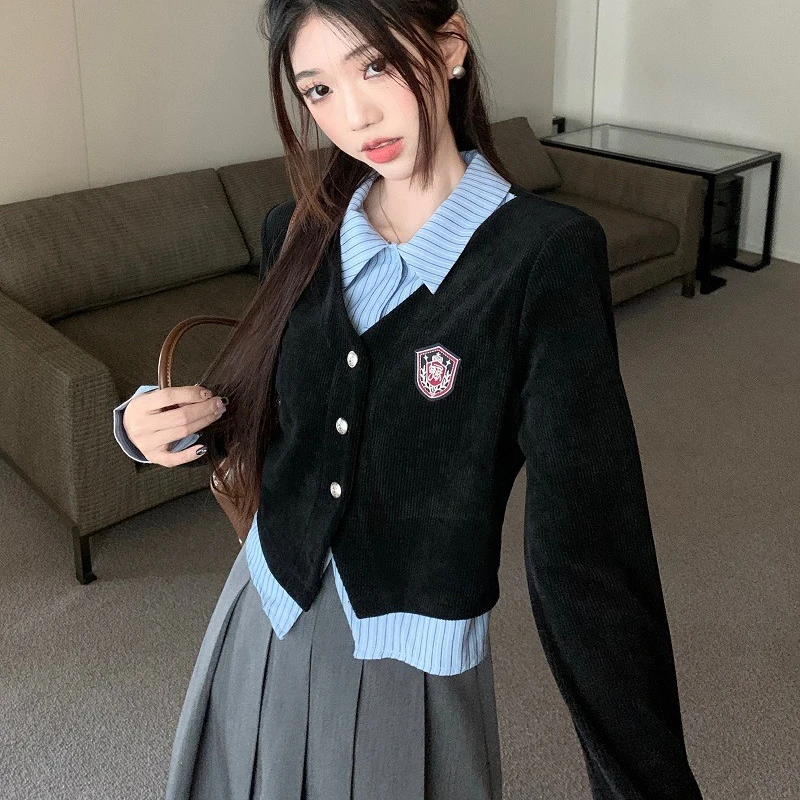 Preppy Style Shirts Women Fake 2pcs Women Autumn College All-match Casual Patchwork Turn-down Collar Single Breasted Ulzzang Ins