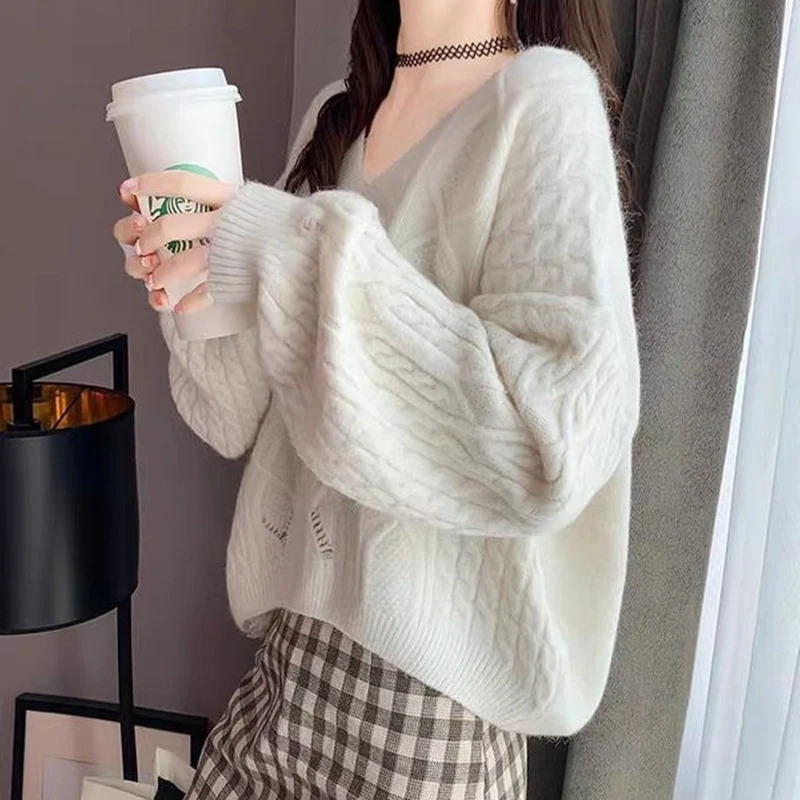 Szykowny sweter z dekoltem w szpic Kobiety Jesień Zima Luźne swetry z długim rękawem Koreańska moda Krótkie swetry damskie w jednolitym kolorze