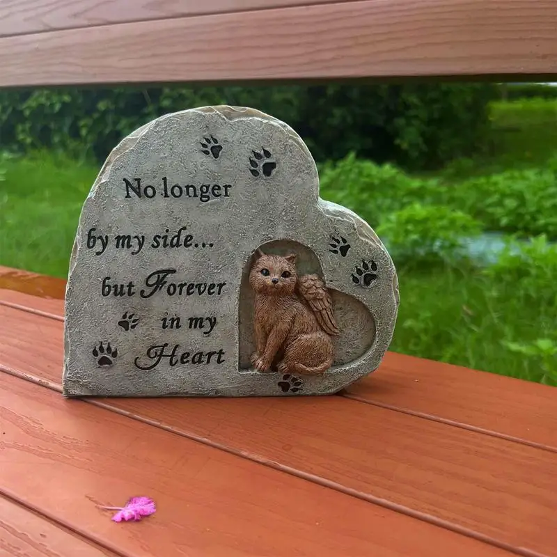 Cat Memorial Stone Cat Angel Memorial Stones Heart Shaped Weatherproof Cat Grave Markers Outdoor Resin Cat Memorial Gifts For