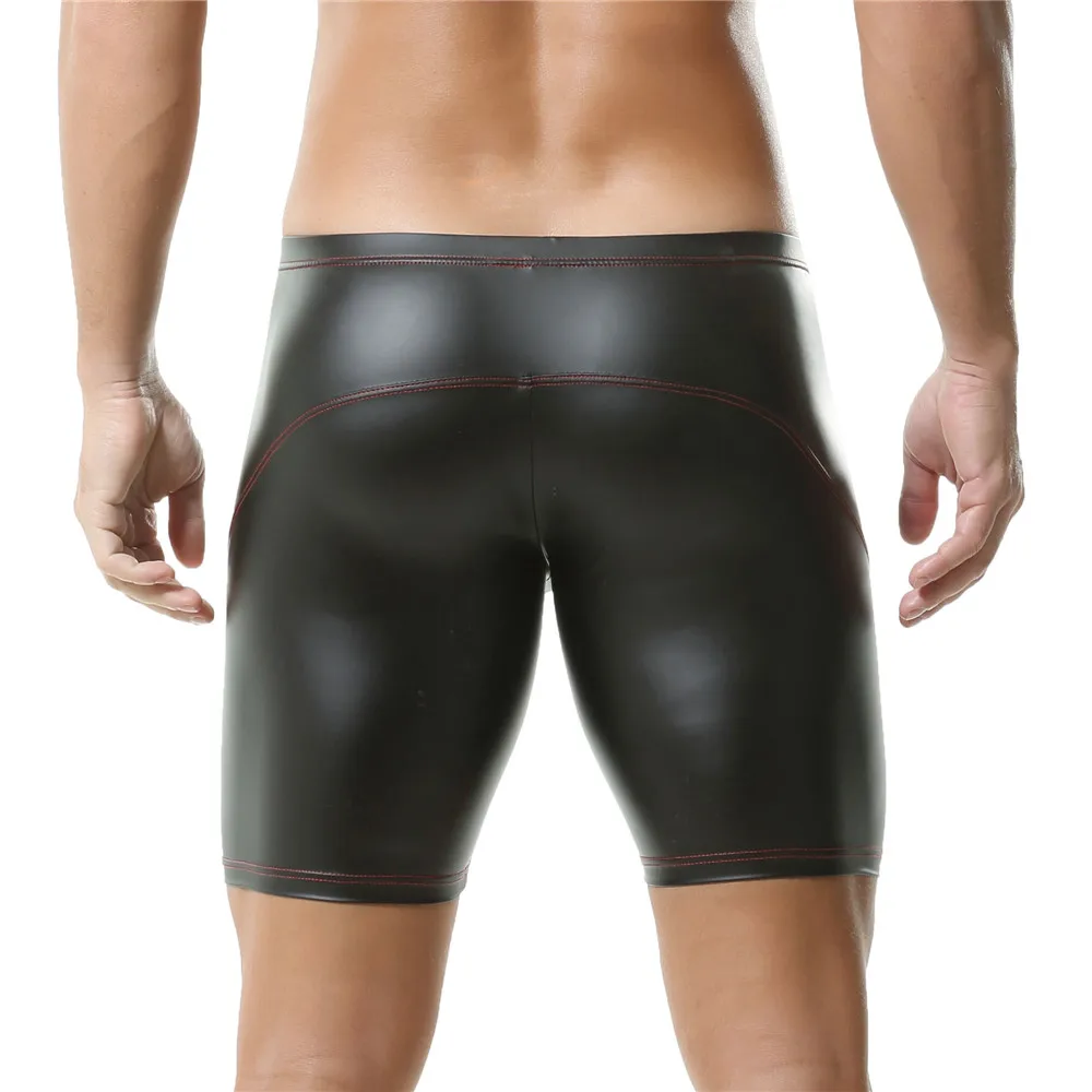 Sexy Mens Underwear Long Leg PU Leather Boxer Shorts Sexy Low Waist Tight Short Pants Male Nightclub Stage Underpants Man Boxers