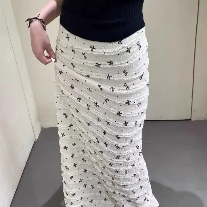 Pure Desire Bow Print Sweet Skirts French Style Polka Dot Lace Bodycon Faldas Slim Korea Chic Ins A-line Elegant Skirts