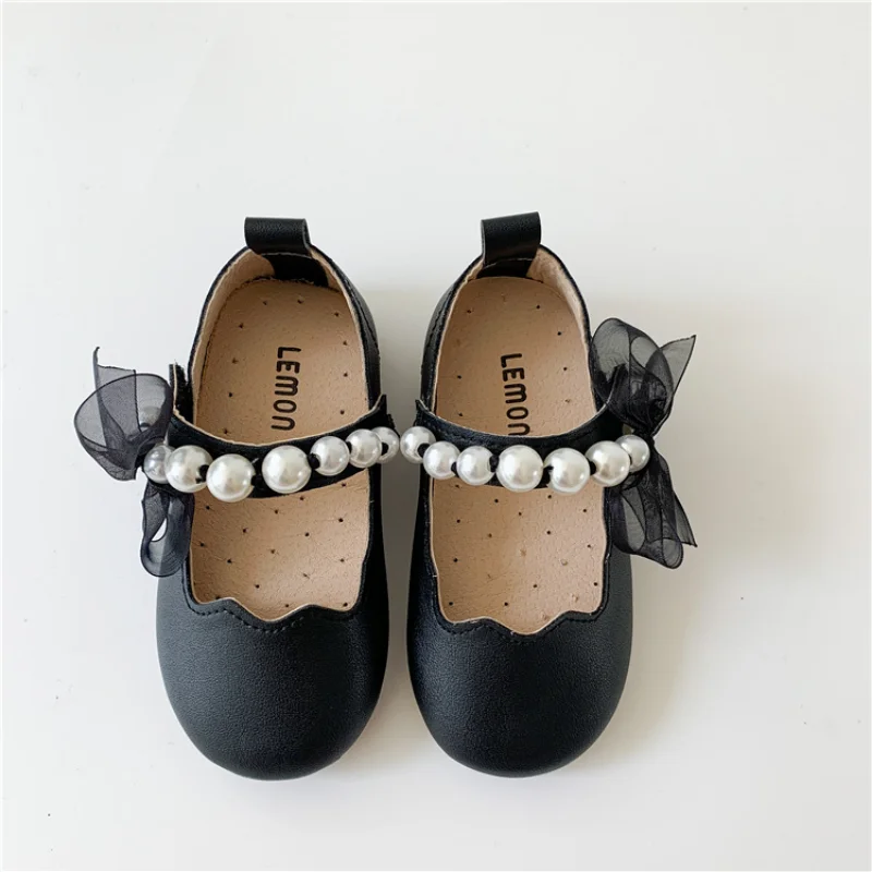 Tenis Girls Leather Shos Spring Autumn New Soft Soled Little Girl Princess Shoe Toddler Performance Fashion Lace Pearl Kids Shoe