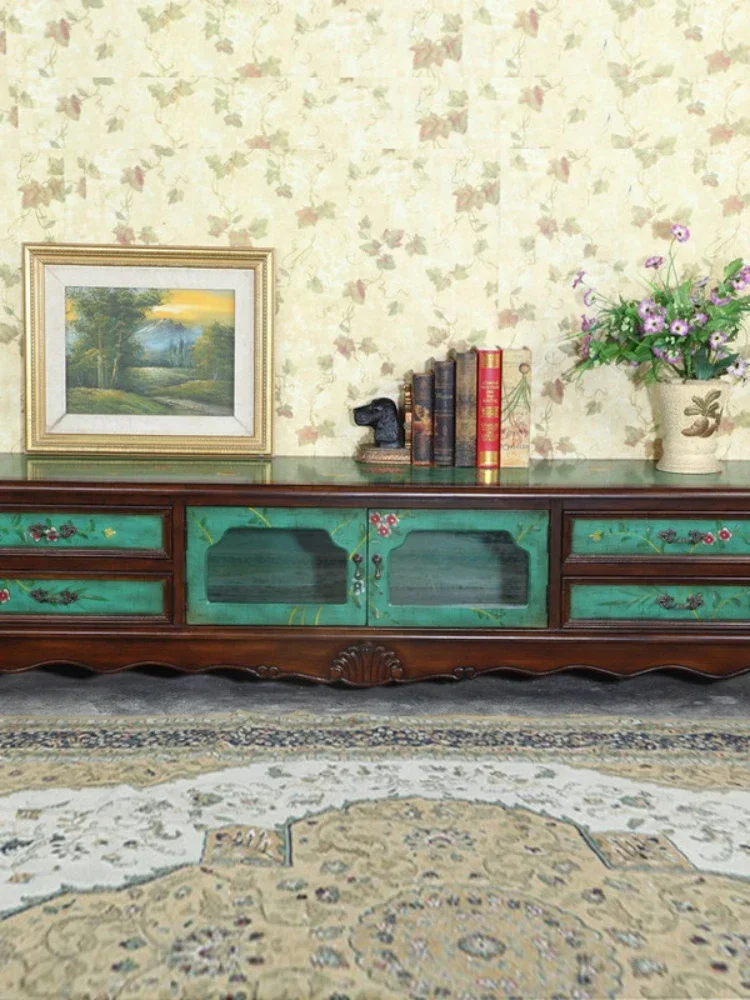 TV Cabinet Living Room Floor Cabinet Pastoral Painted Retro Green Bedroom Locker