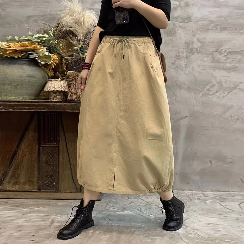 تنورة نسائية مرنة على شكل حرف A ، تنورات قطنية ، قمصان عتيقة ، أحادية اللون ، الصيف ، الربيع ، قمصان