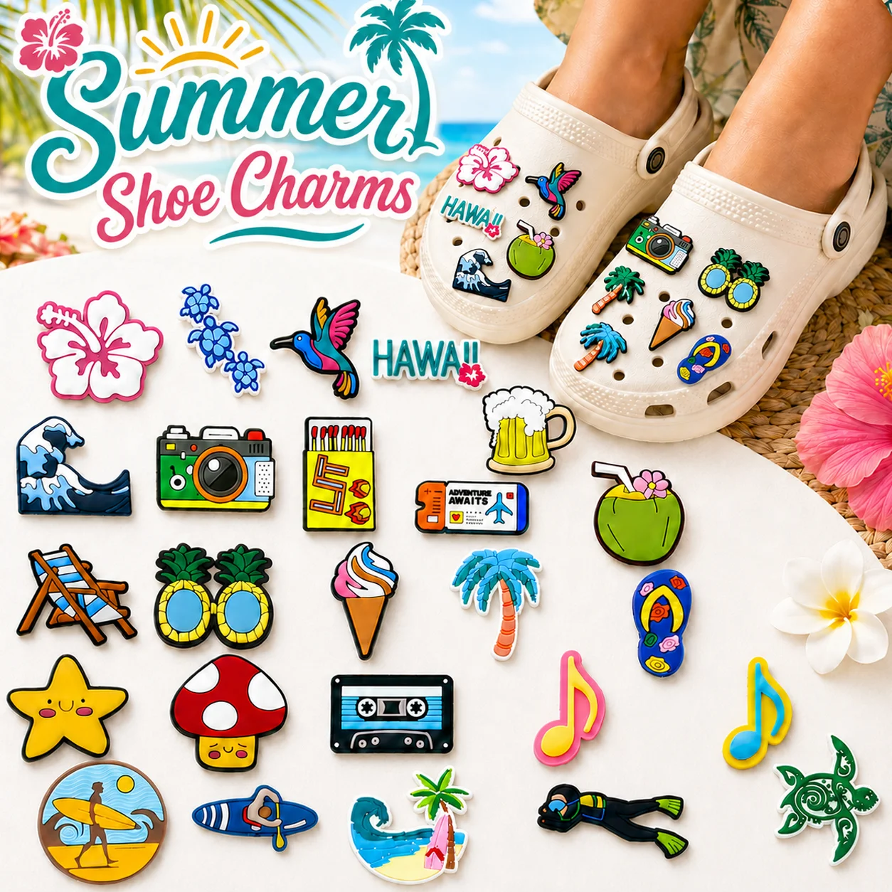 

1/25PCS Hawaiian Shoe Charms Summer Accessories, Flower Star Mushroom Charms for Shoes, Ice Cream Sandals Clogs Buckles