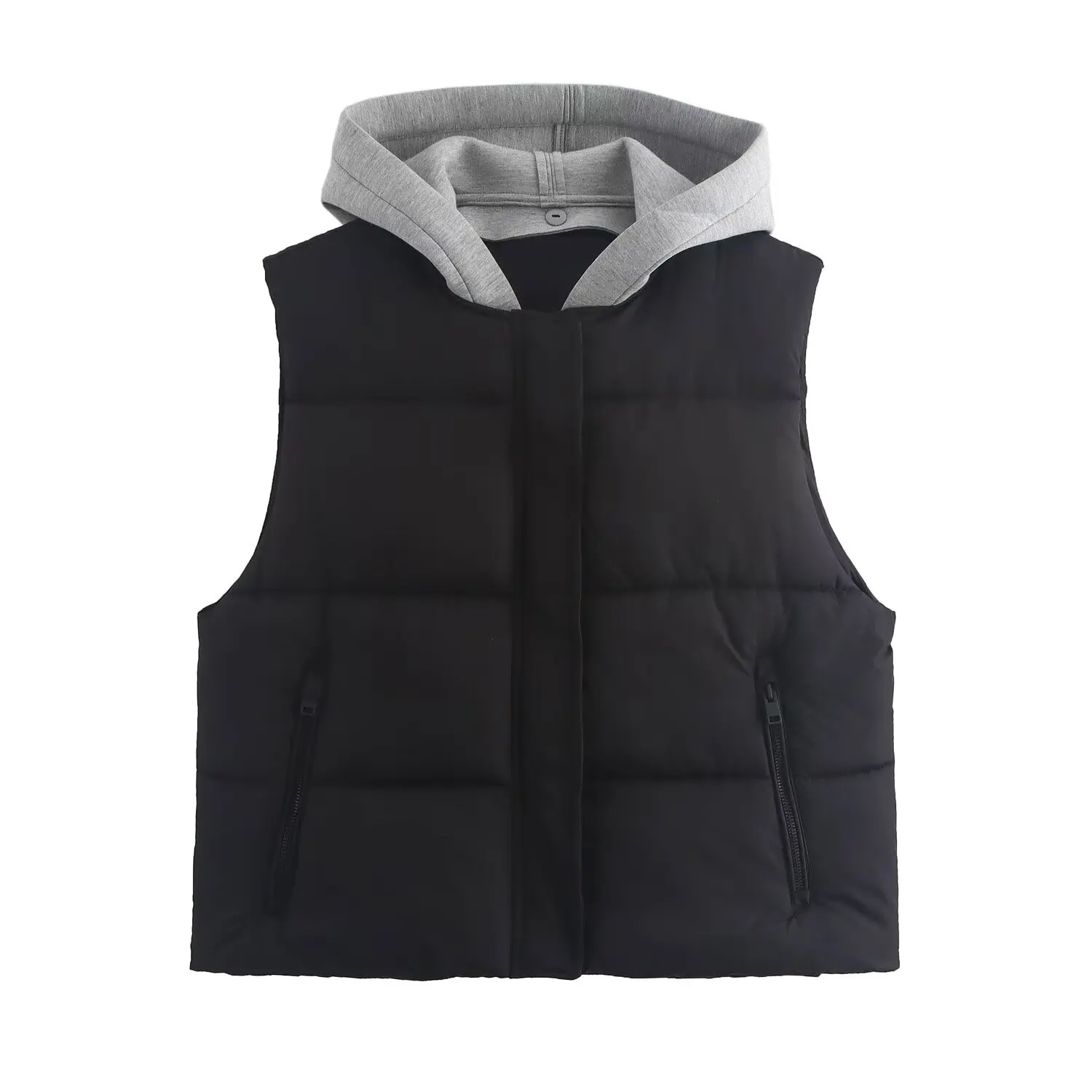 

TRAFZA Women's Winter Fashion Hooded Spliced ​​Zipper Concealed Button Cotton Vest Female Elegant Pocket Casual Sleeveless Coat