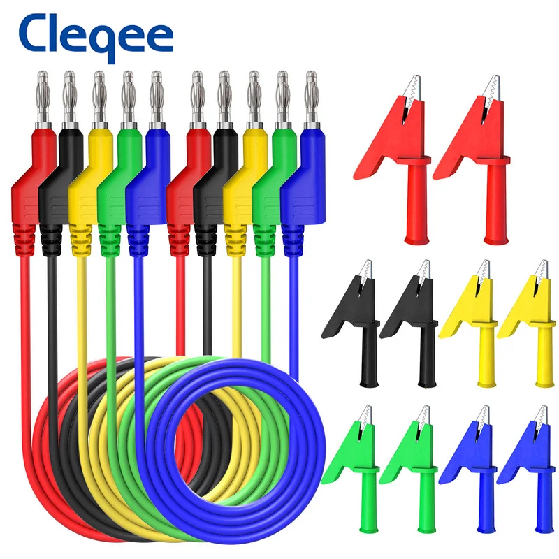 Cleqee P1036 시리즈 절연 악어 클립 세트가있는 듀얼 4mm 바나나 플러그 멀티 미터 테스트 리드 키트, 15 개