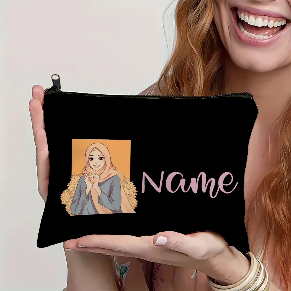 

A Personalized Makeup Bag for Hijabi Girls, a Travel Storage Pouch, a Custom Name Zipper Bag, Perfect As a Gift for Muslim Girls